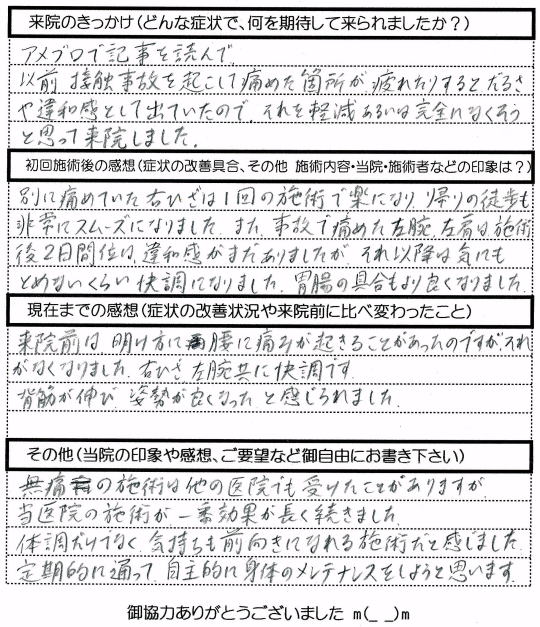 アンケート回答　越谷市　須藤様　５３歳　男性　（左腕肩の事故後遺症、右ひざ痛、腰痛）